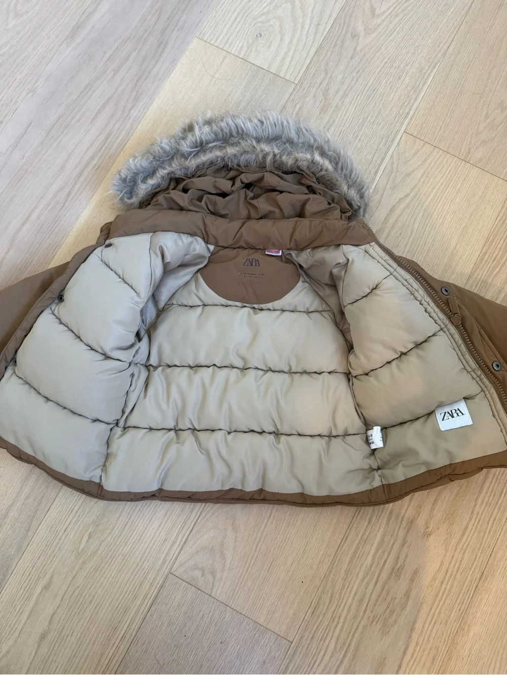 Zara Kids Tan Hooded Puffer Jacket with Faux Fur Trim